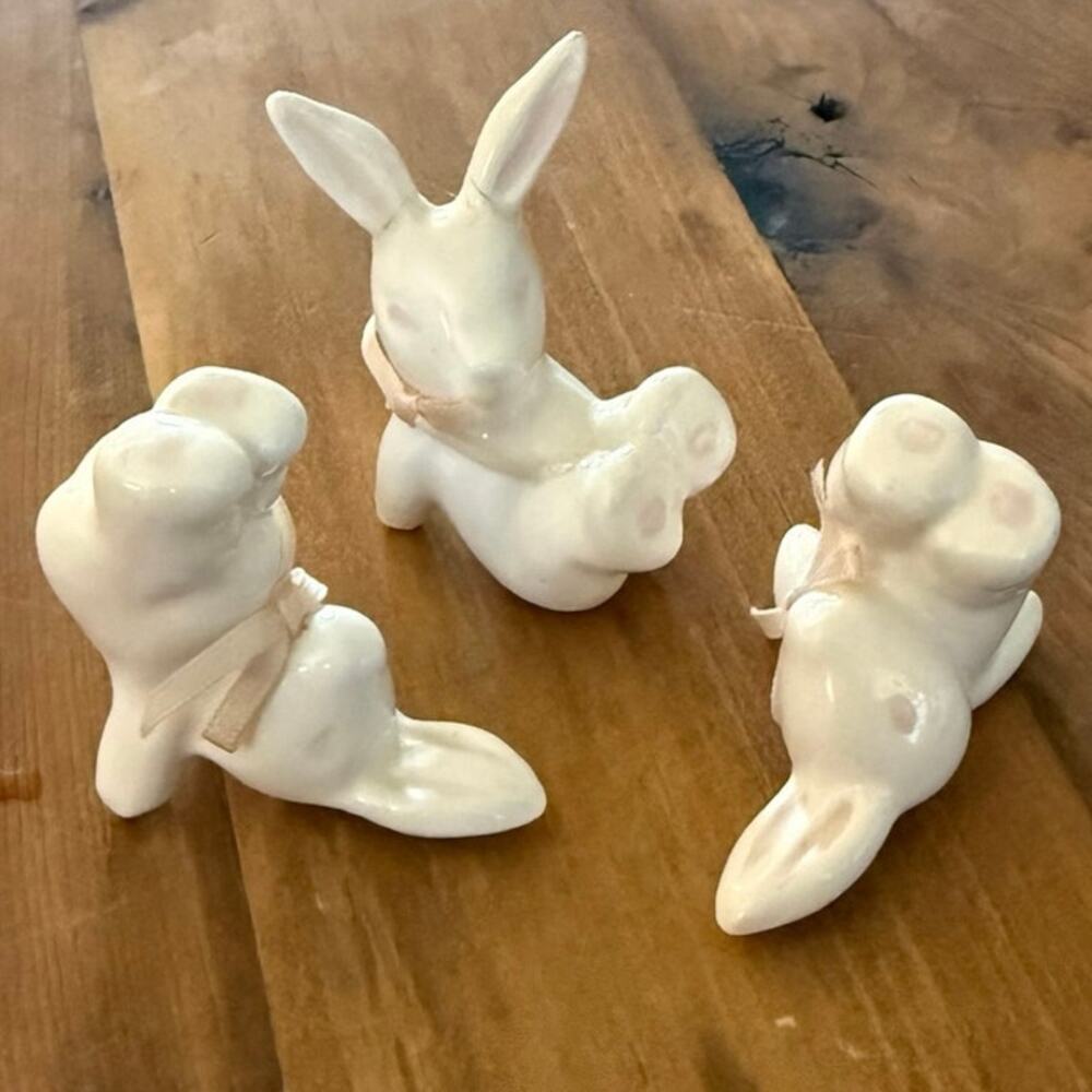 Set of 3 Yoga Bunny Figurines • White Ceramic • Easter Decor • Ear Repairs - Picture 2 of 7